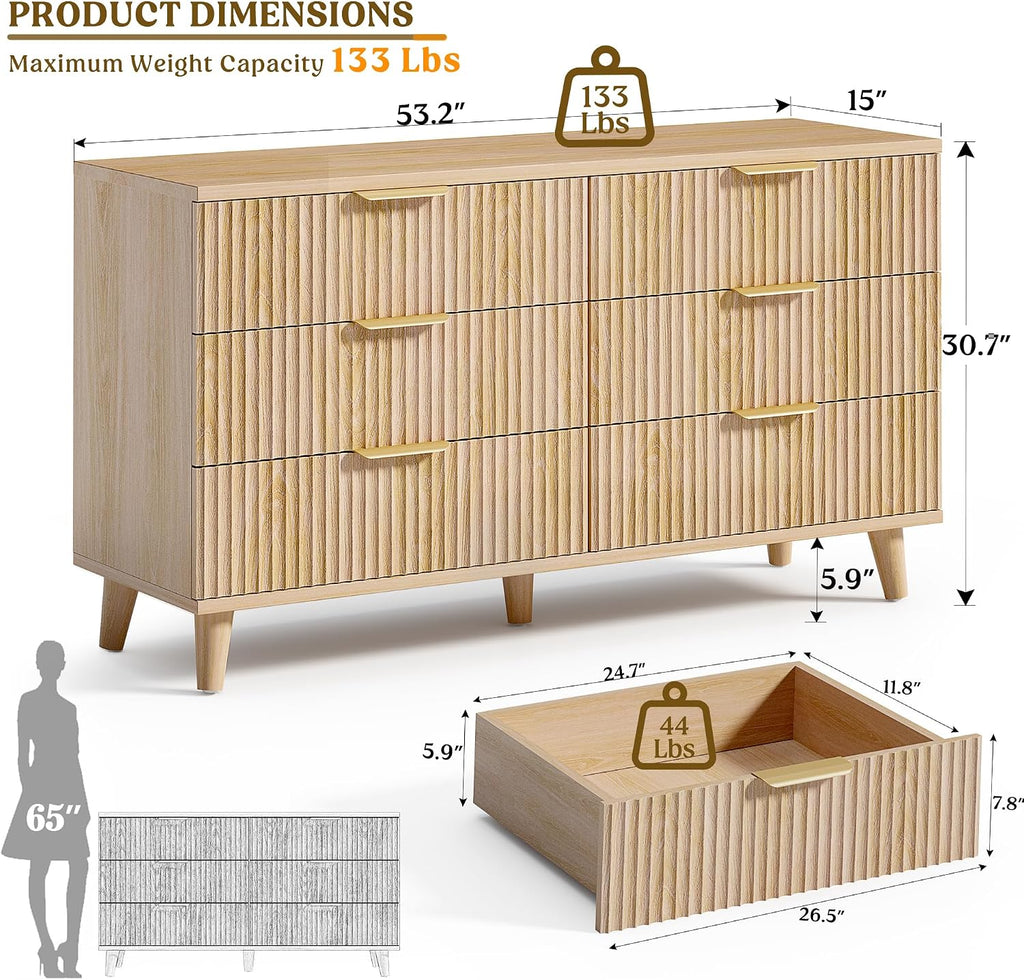 Lulive Modern Dresser and Nightstand Sets 3-Piece, 6-Drawer Dresser + 2 Nightstands Bedroom Sets with Solid Wood Legs (Natural Oak)