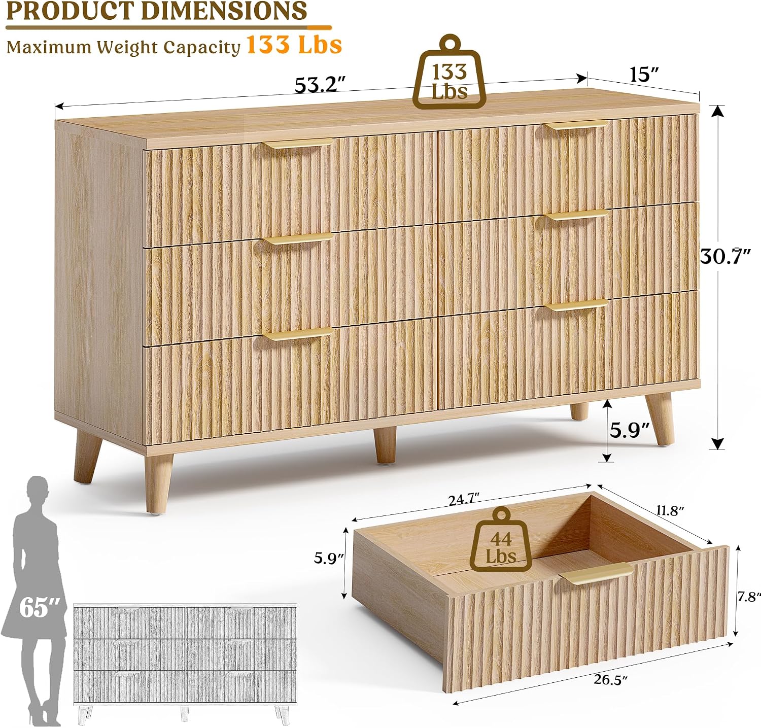 Lulive Modern Dresser and Nightstand Sets 3-Piece, 6-Drawer Dresser + 2 Nightstands Bedroom Sets with Solid Wood Legs (Natural Oak)