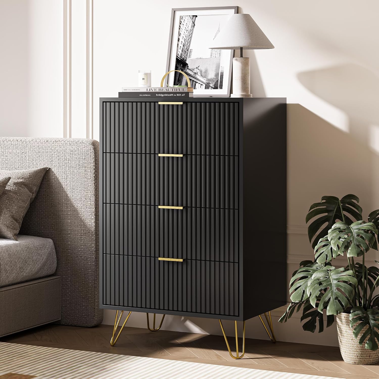 MAISONARIA Black Dresser for Bedroom, 4 Drawer Dresser with Gold Metal Handles & Chests of Drawers, Chests of Drawers for Hallway, Bedroom