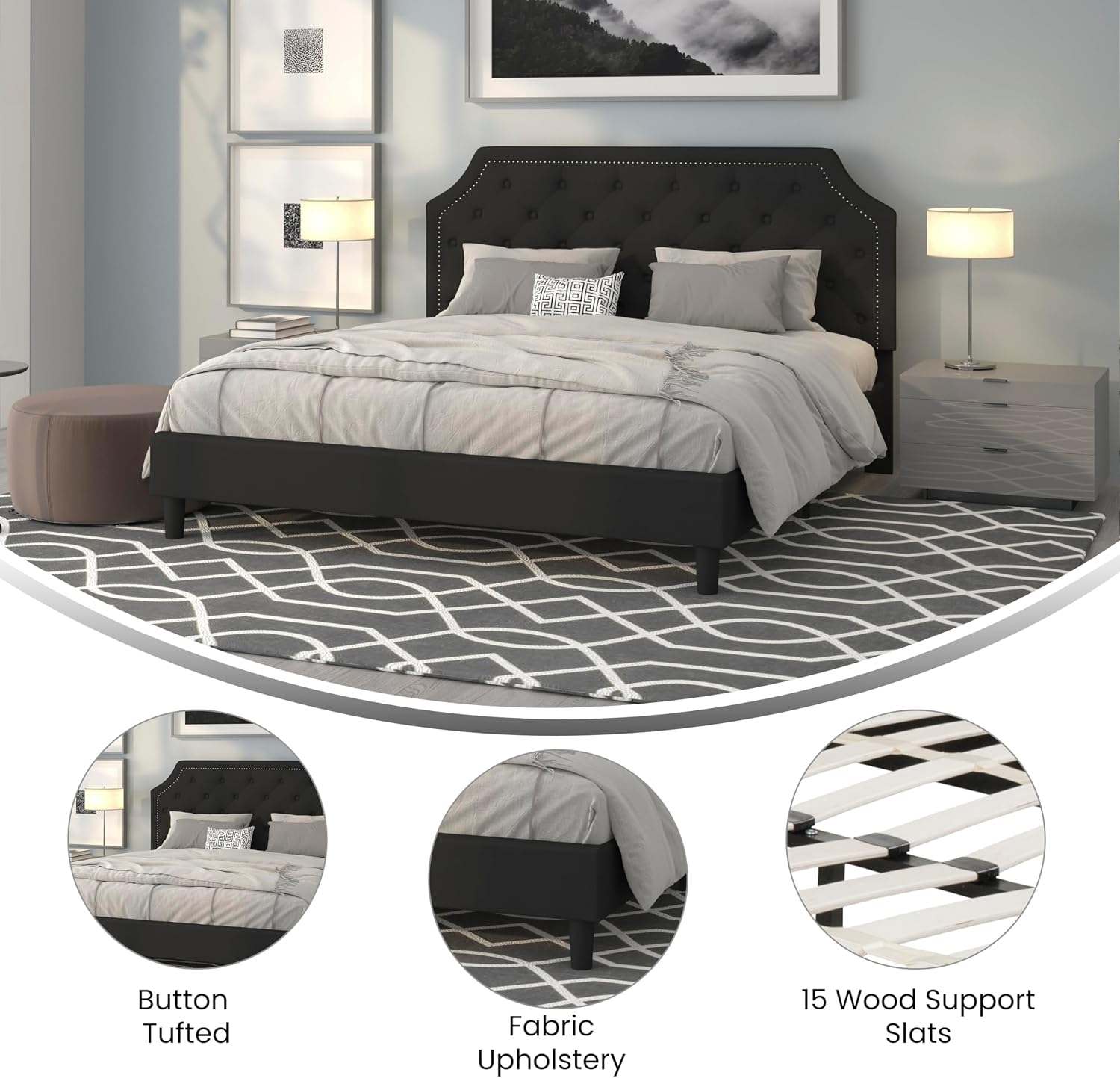 Flash Furniture Brighton King Size Tufted Upholstered Platform Bed in Black Fabric