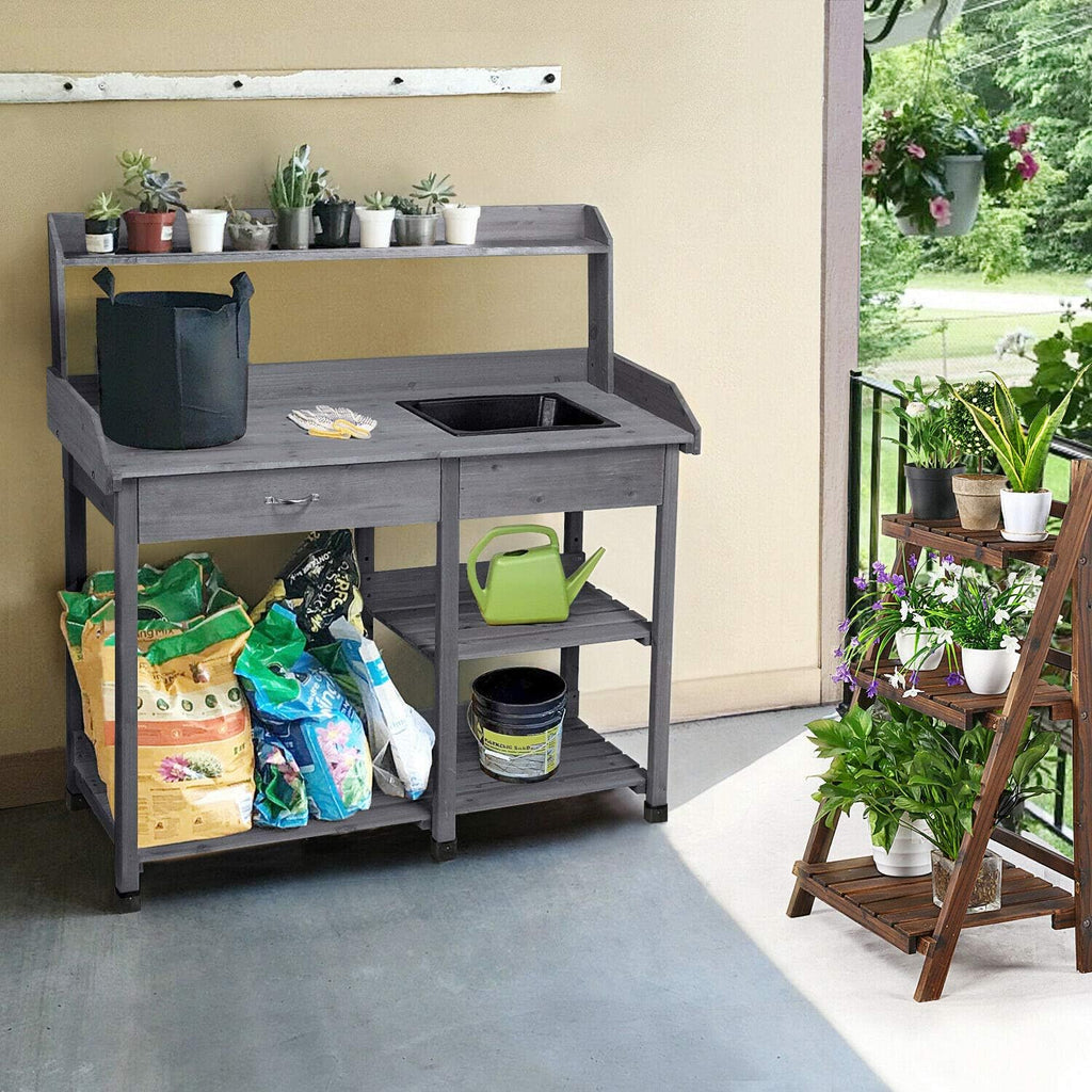 Wooden Potting Bench Work Table with Storage Display Shelves and Sink Durable Sturdy Heavy Duty Versatile Contemporary for Home Garden Backyard Patio Greenhouse Outdoor Garage Planter Flowers Pot