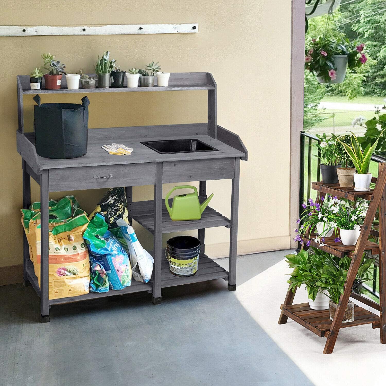 Wooden Potting Bench Work Table with Storage Display Shelves and Sink Durable Sturdy Heavy Duty Versatile Contemporary for Home Garden Backyard Patio Greenhouse Outdoor Garage Planter Flowers Pot