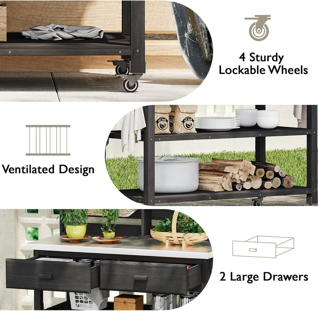 64.9' H Outdoor Potting Bench Table with Lockable Wheels, 52' W×22.2' D×64.9' H, Solid Fir Wood, Stainless Steel Top, 2 Drawers, Outdoor Storage for Grilling/Gardening, Black