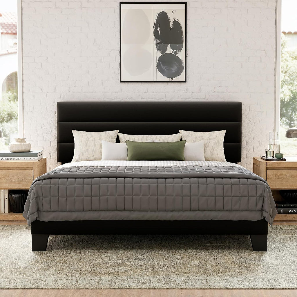 GOLDORO Queen Size Platform Bed Frame with Upholstered Headboard, Wooden Slats Support, No Box Spring Needed, Easy Assembly, Black