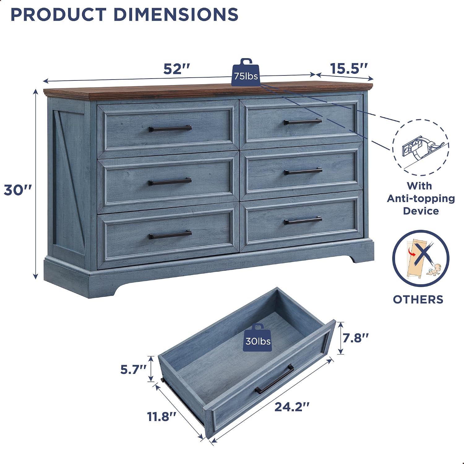 JXQTLINGMU Farmhouse 6 Drawers Dresser for Bedroom, 52'' Wide Large Wood Dressers with Bar Handles, Chests of Drawers with Storage Dressers Organizer for Bedroom, Hallway, Blue