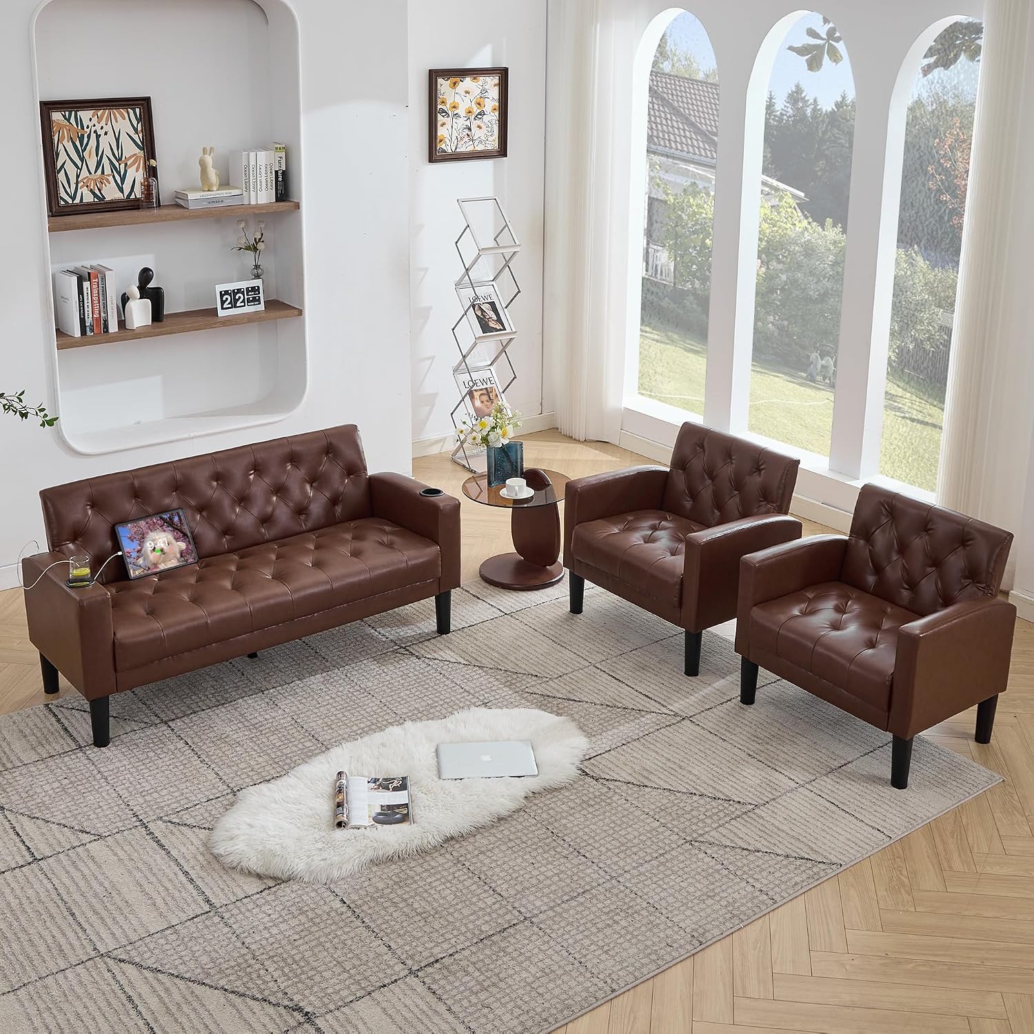 TYBOATLE 62' W Leather Loveseat w/Chairs, 3 Piece Sofa Sets for Living Room w/ 2 USB Charger Ports and 2 Cupholders, Living Room Furniture Sets of 3 (3, Brown)