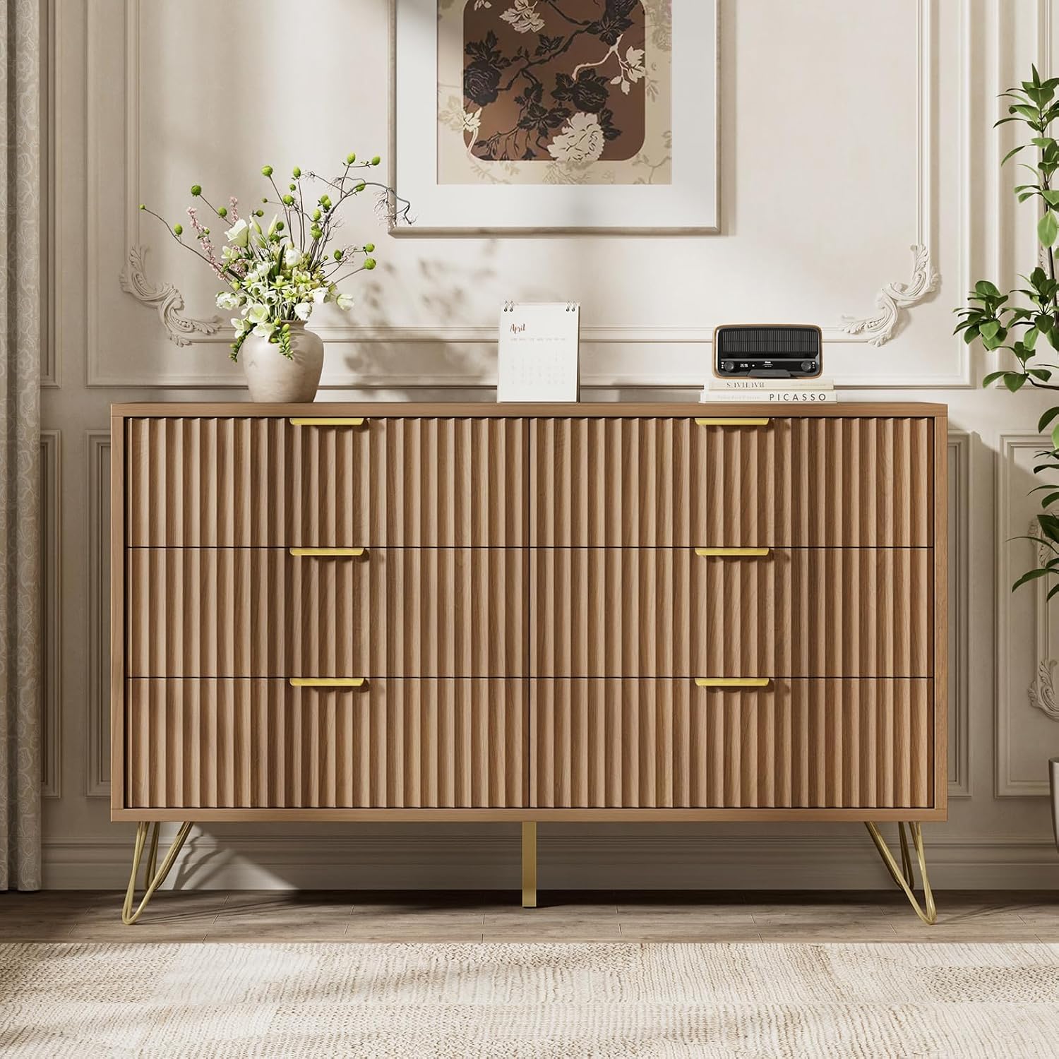 LYNSOM Fluted Dresser for Bedroom, Walnut 6 Drawer Dresser with Gold Handles and Wide Drawers, Wood Chest of Drawers for Bedroom, Hallway
