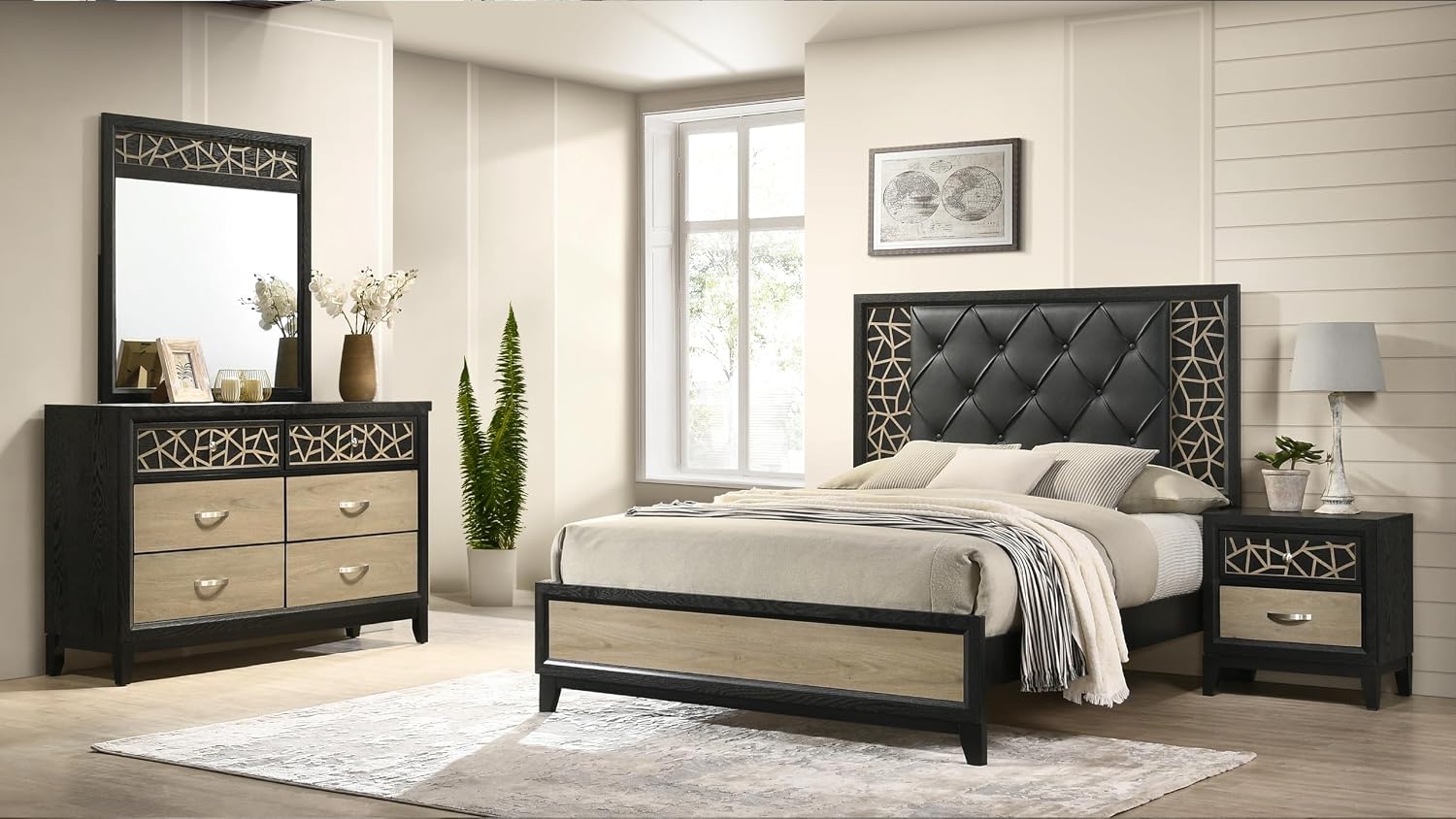 Modern Contemporary King 4PC Bedroom Set Made with Wood in Black and Natural