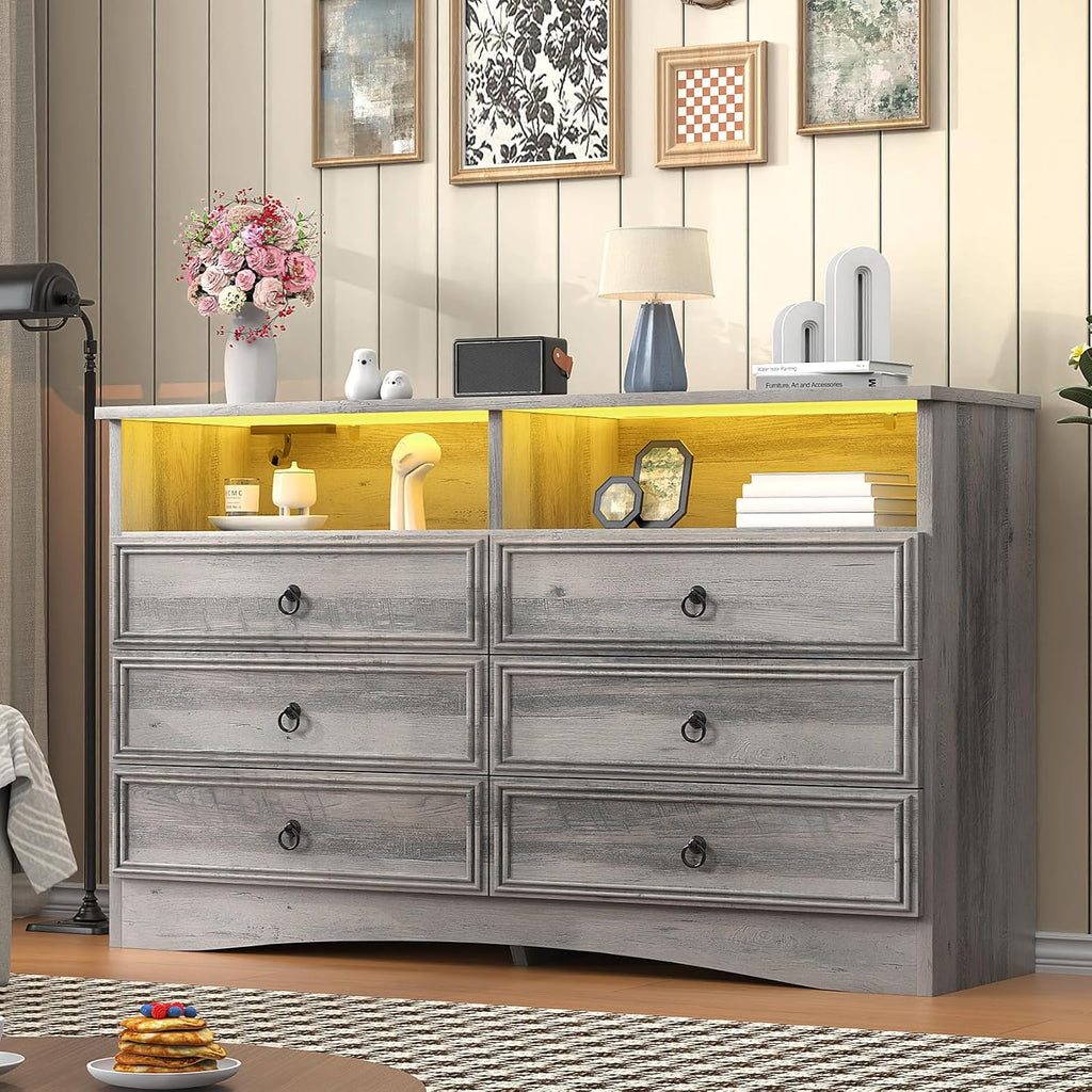 VVFLU Grey 6 Drawer Dresser for Bedroom with LED Lights and Charging Station, Wood 6 Chest Drawers, Large Storage for Clothes, for Living Room, Bedroom, Hallway, Taupe Grey