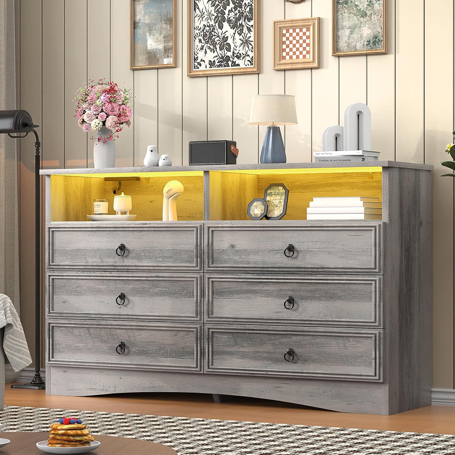 VVFLU Grey 6 Drawer Dresser for Bedroom with LED Lights and Charging Station, Wood 6 Chest Drawers, Large Storage for Clothes, for Living Room, Bedroom, Hallway, Taupe Grey