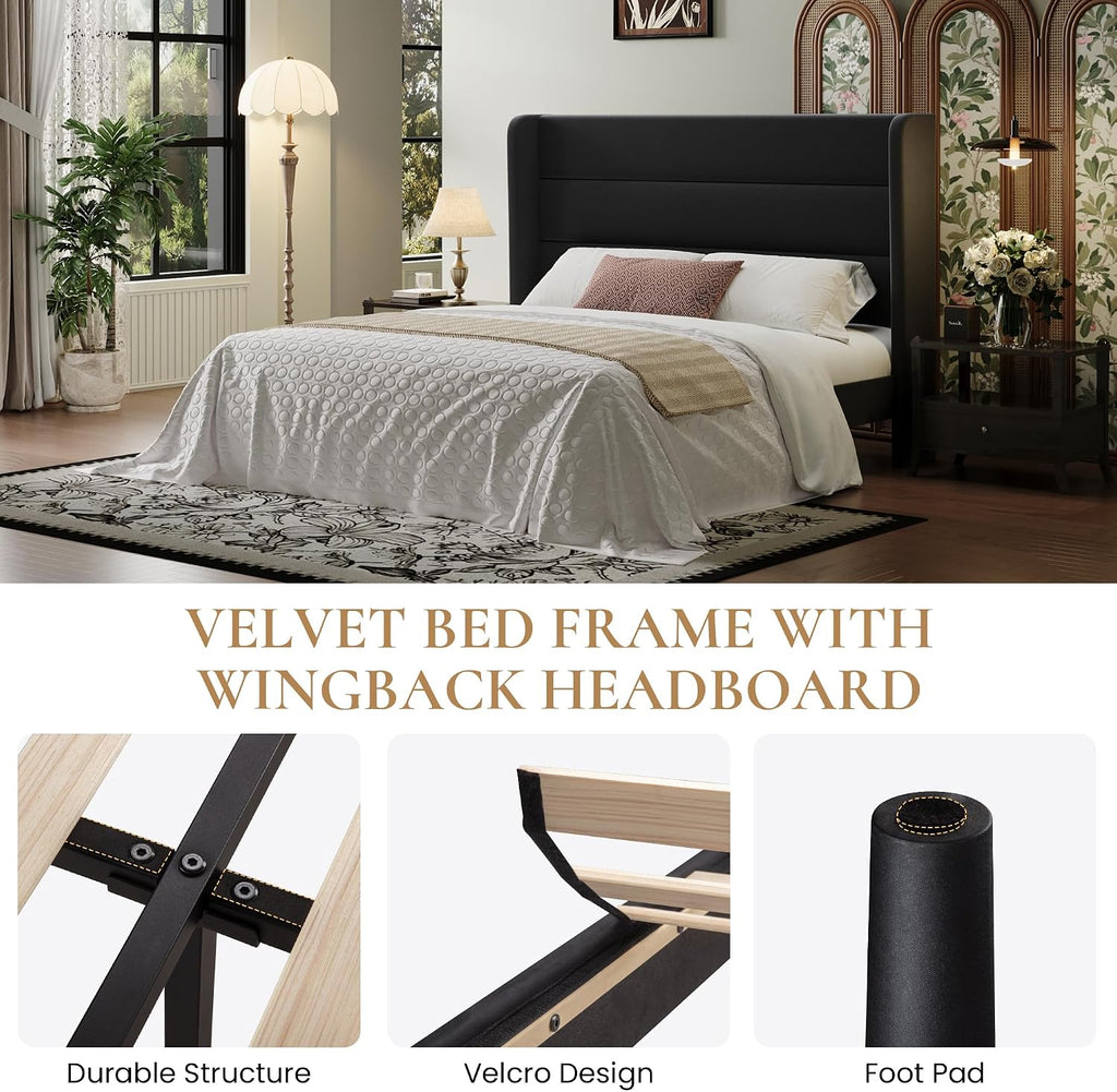 SHA CERLIN Full Size Velvet Bed Frame with Wingback Headboard/Upholstered Platform Bed with Wooden Slats/Mattress Foundation/No Box Spring Needed/Easy Assembly/Black