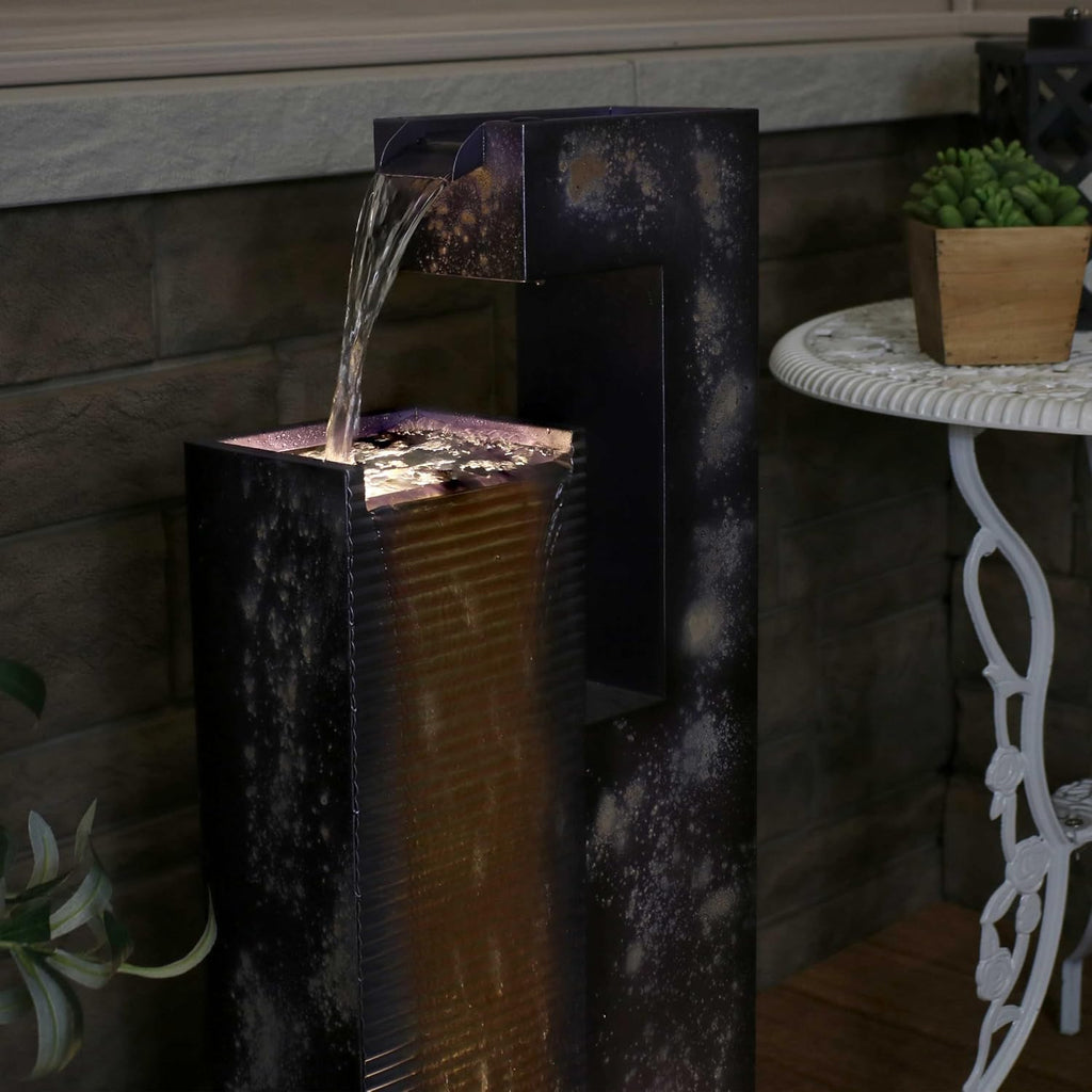 Sunnydaze Cascading Tower 32-Inch Outdoor Metal Fountain with LED Lights - Electric Submersible Pump with Adjustable Flow