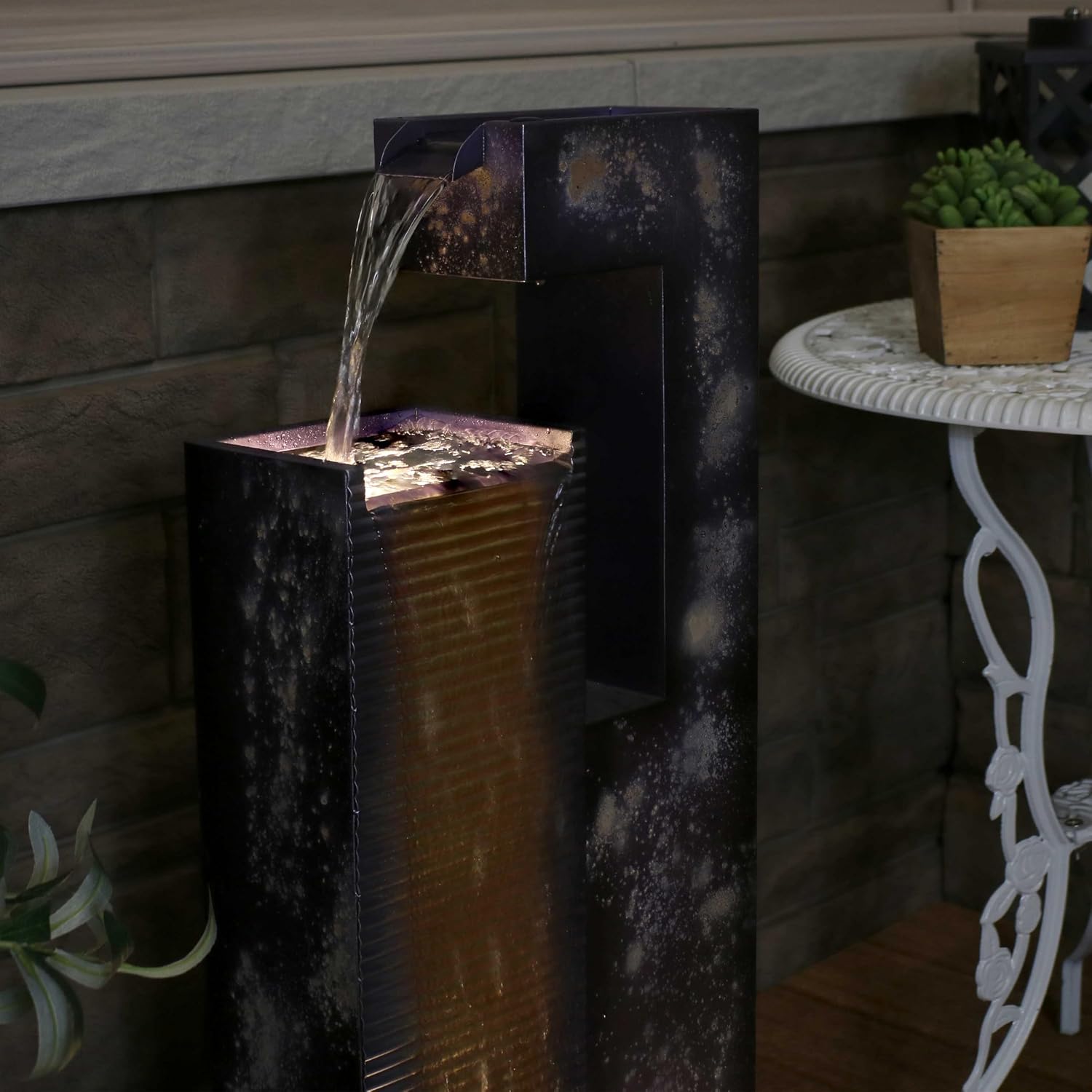 Sunnydaze Cascading Tower 32-Inch Outdoor Metal Fountain with LED Lights - Electric Submersible Pump with Adjustable Flow
