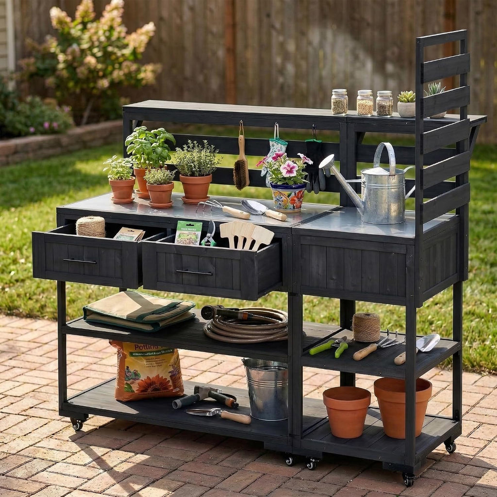 Patio Potting Bench Table with Stainless Table Top, Outdoor Large Garden Workstation on Wheels with Raised Shelf and Drawers for Backyard (Black)
