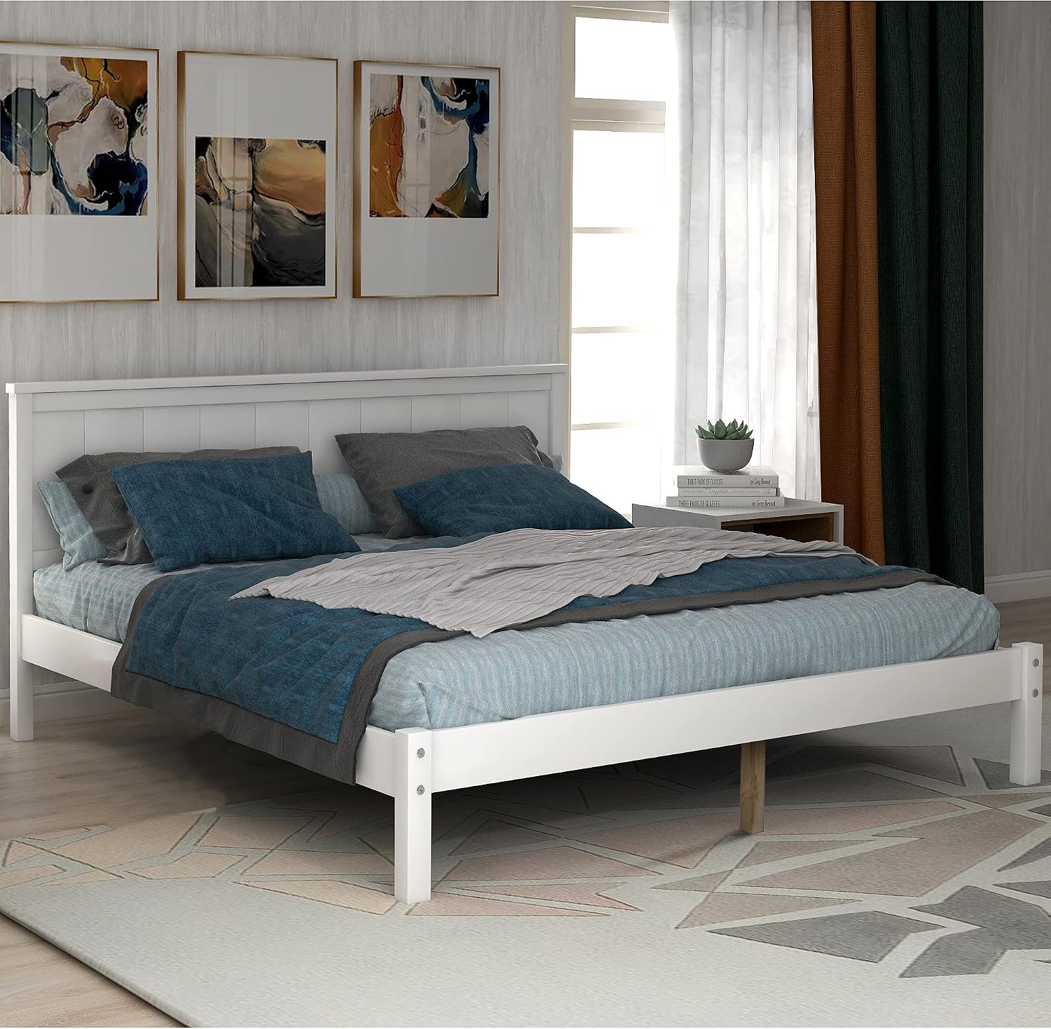 Full Size Platform Bed Frame with Headboard,Bedroom Stylish Bed W/Wood Slat Support & No Box Spring Required,Easy to Assemble,for Kids Teens Girls Boys,White