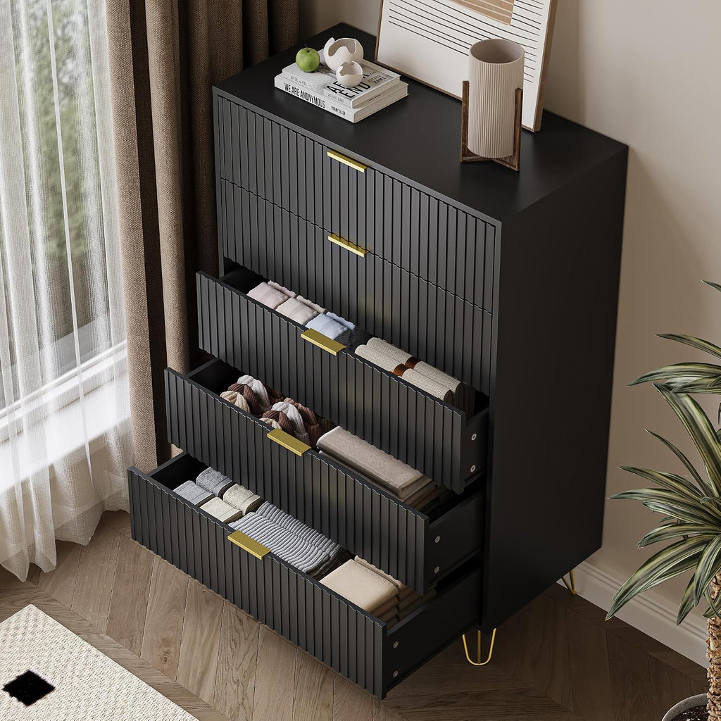 MAISONARIA 5 Drawers Dresser for Bedroom, 47' Tall Modern Chest of Drawers with Gold Handle, Fluted Wood Dresser for Bedroom, Living Room, Hallway, Entryway, Black