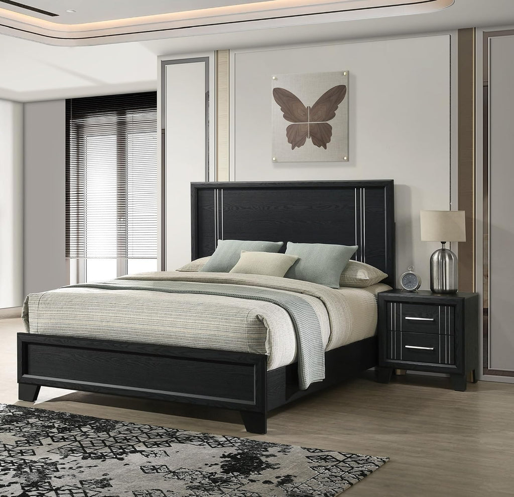 Contemporary Beautiful Charcoal Finish Full Size Panel Bed Wooden Bedroom Furniture 3pc Set