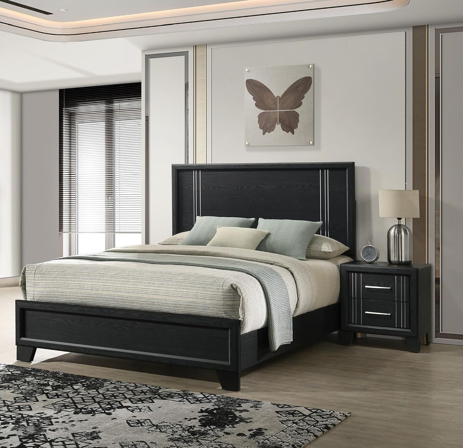 Contemporary Beautiful Charcoal Finish Full Size Panel Bed Wooden Bedroom Furniture 3pc Set
