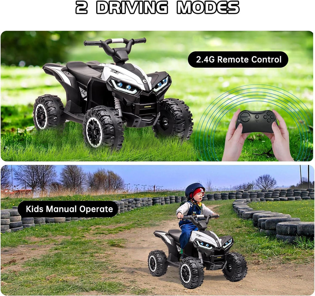 GarveeLife 12V Kids Ride On ATV, 4 Wheeler Electric Vehicle for Kids 3-8 Toddler Battery Powered Toy Car for Boys Girls with Remote Control, LED Lights, Soft Start, Treaded Tires, Music, White