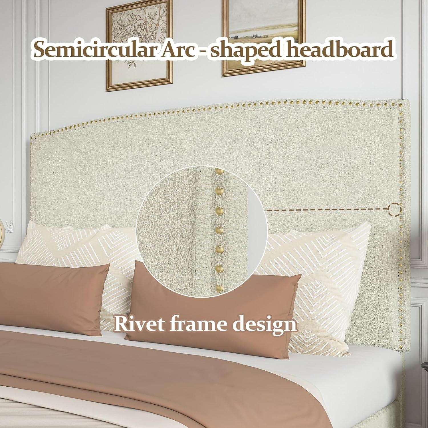 BarnFurin King Size Chenille Bed Frame with 56' Tall Headboard, Upholstered Platform Bed with Nailhead Trim Headboard, Soft Boucle Fabric, No Box Spring Needed, Beige