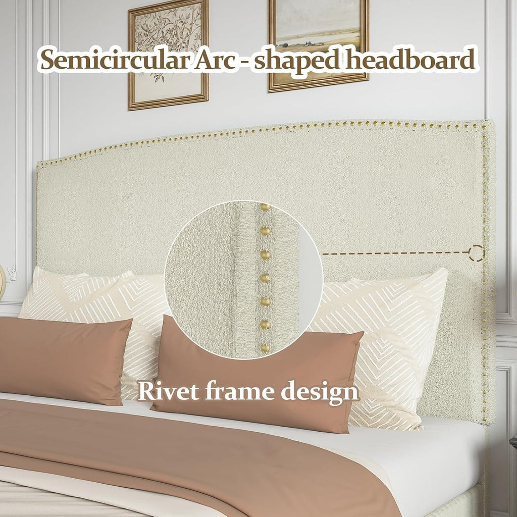 BarnFurin Queen Size Chenille Bed Frame with 56' Tall Headboard, Upholstered Platform Bed with Nailhead Trim Headboard, Soft Boucle Fabric, No Box Spring Needed, Easy Assembly, Beige