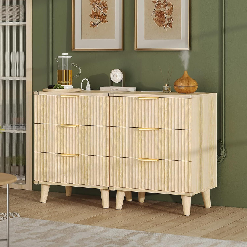 Lulive Wood 3 Drawers Dresser Fluted Night Stand with Charging Station, Storage Nightstand Modern Side Table, Bedside Table for Bedroom, Entryway Natural