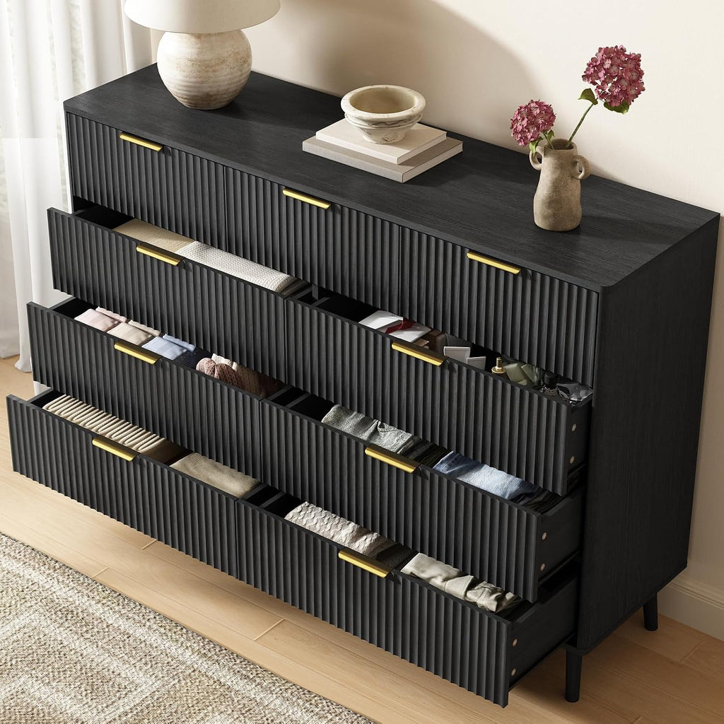 CARPETNAL Fluted 9 Drawer Dresser for Bedroom, 55' Wide Wooden Chest of Drawers with Rounded Corners, Gold Handles, Modern Storage Organizer for Bedroom, Hallway(Black)