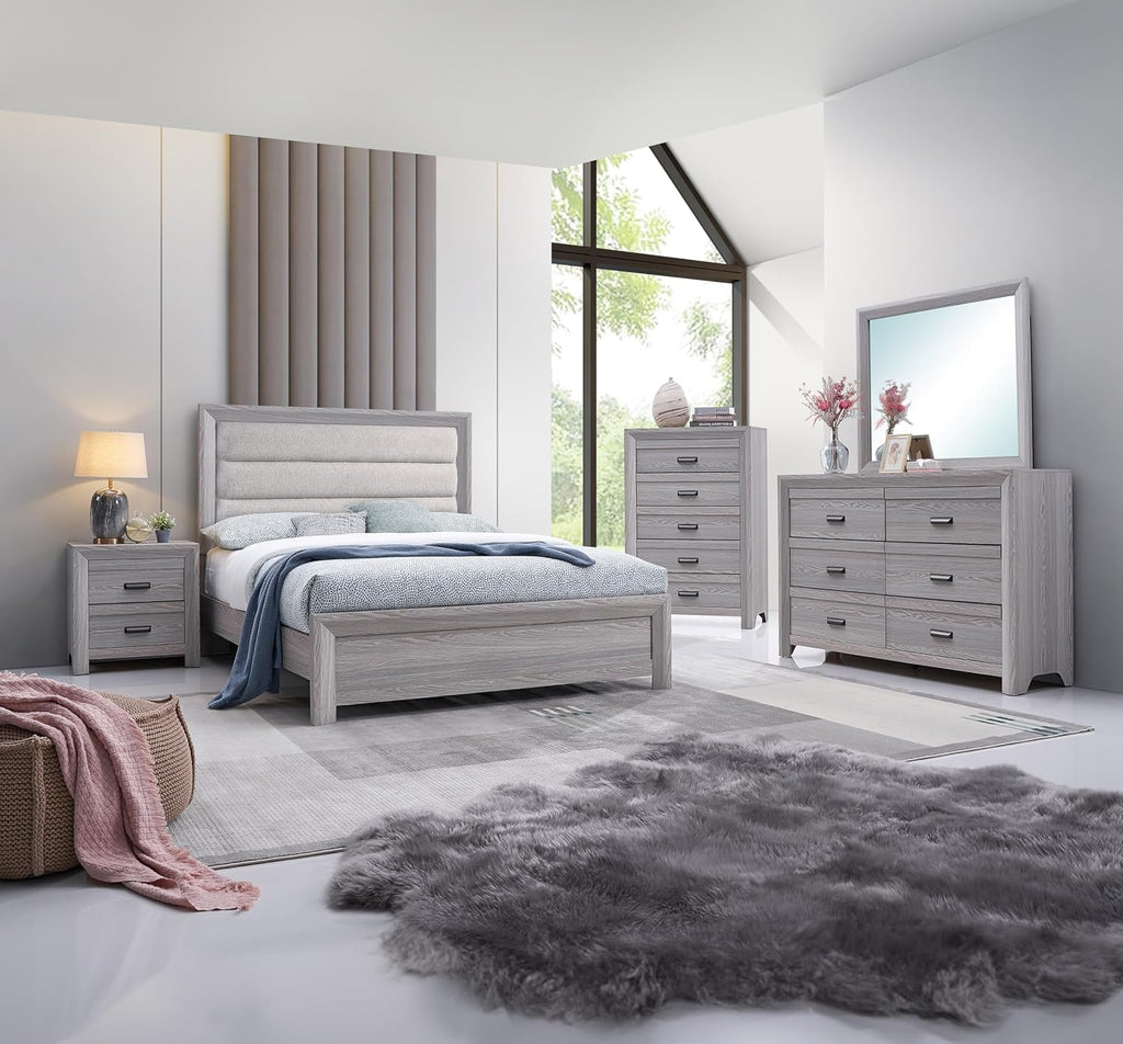 Drift Wood Grey Finish Full Size Upholstered Channel Tufted Panel 4pc Bed Set Wooden Bedroom Furniture Contemporary