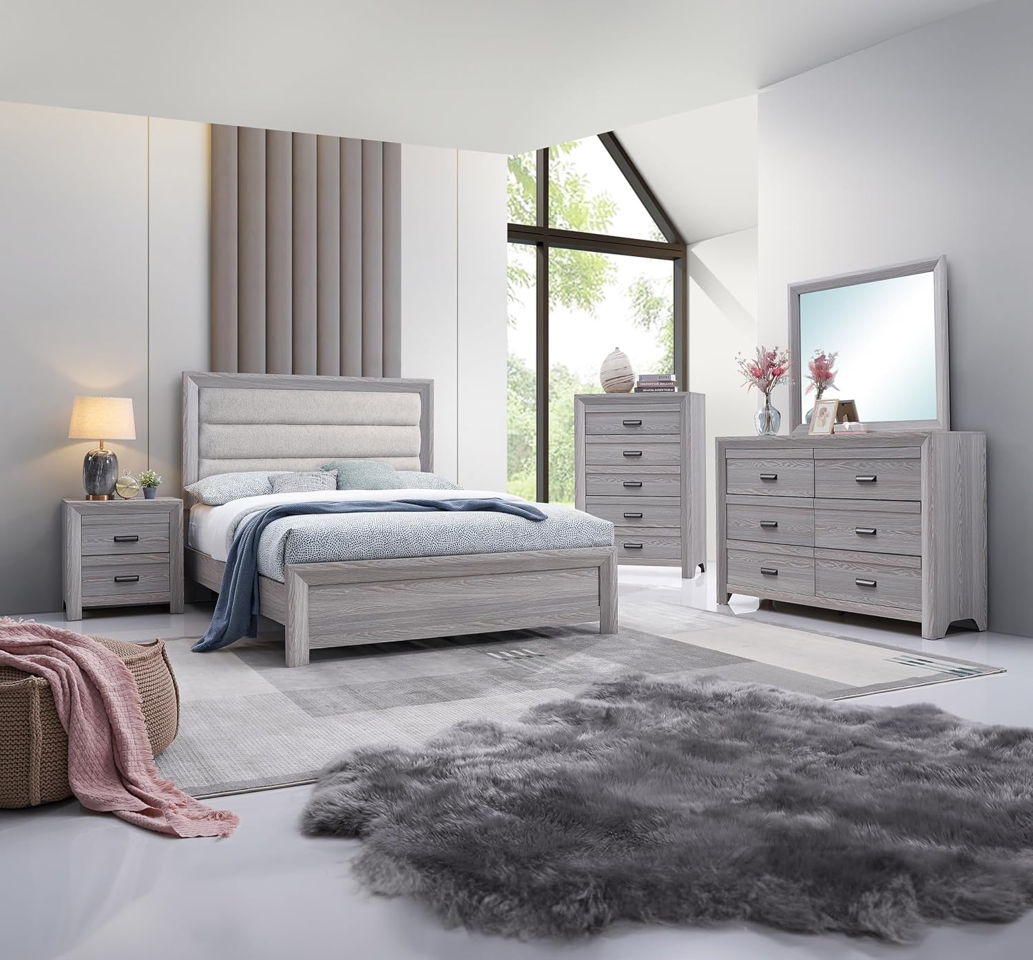 Drift Wood Grey Finish Full Size Upholstered Channel Tufted Panel 4pc Bed Set Wooden Bedroom Furniture Contemporary