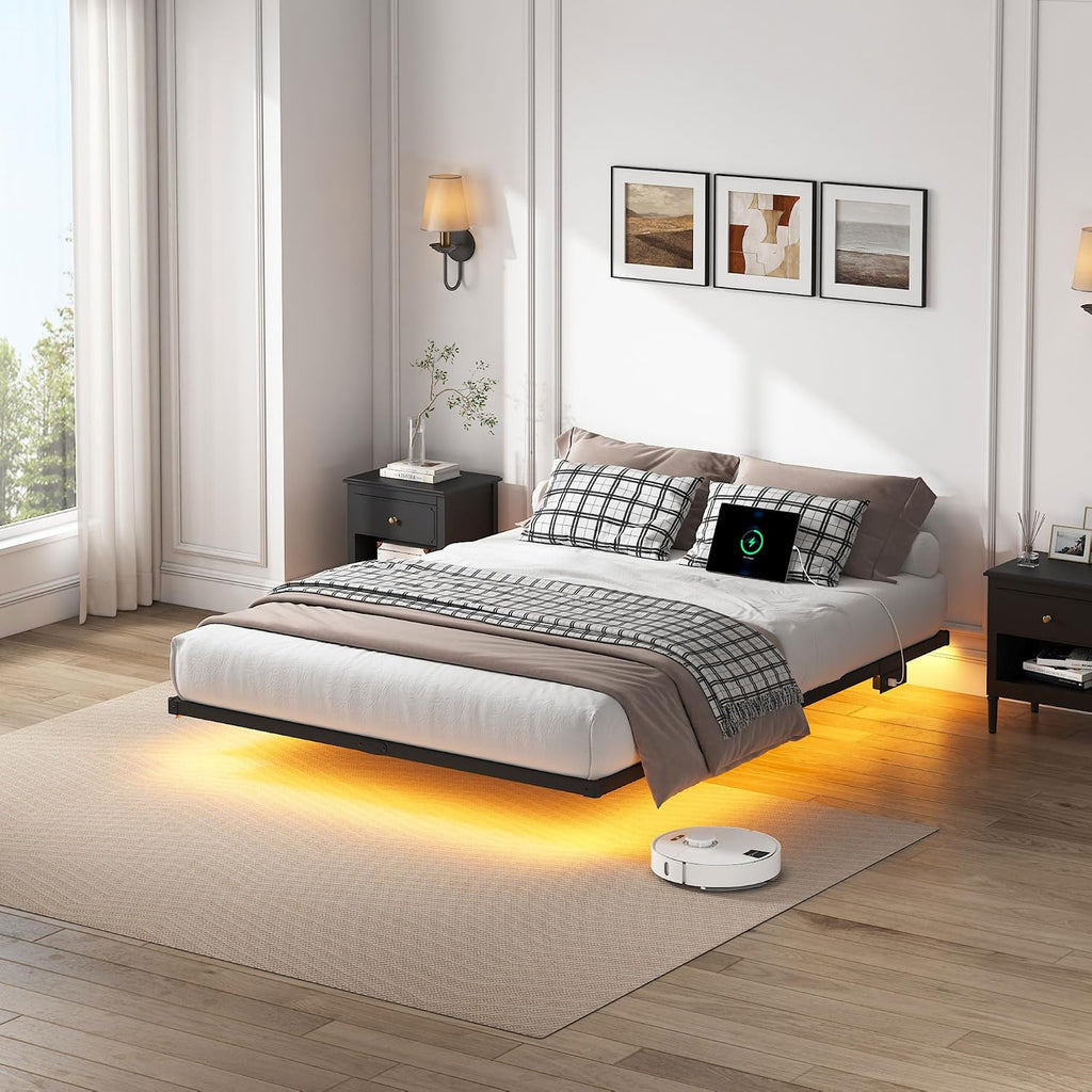 YORMDMO Floating Bed Frame King Size, Heavy Duty Bedframe with Smart LED Lights & Charging Station, Modern Metal Platform Bed, Easy Assembly No Box Spring Needed, 8 Inch