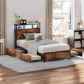 VINGLI Bed Frame Twin Size with 4 Storage Drawers and Storage Headboard, Metal Platform with Charging Station and LED Lights, No Box Spring Needed, Easy Assembly, Vintage Brown