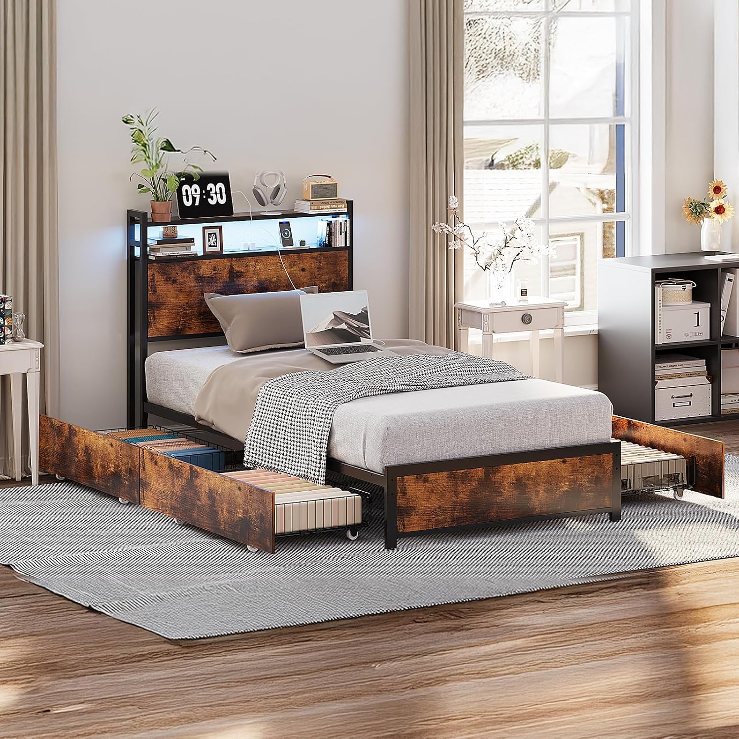 VINGLI Bed Frame Twin Size with 4 Storage Drawers and Storage Headboard, Metal Platform with Charging Station and LED Lights, No Box Spring Needed, Easy Assembly, Vintage Brown