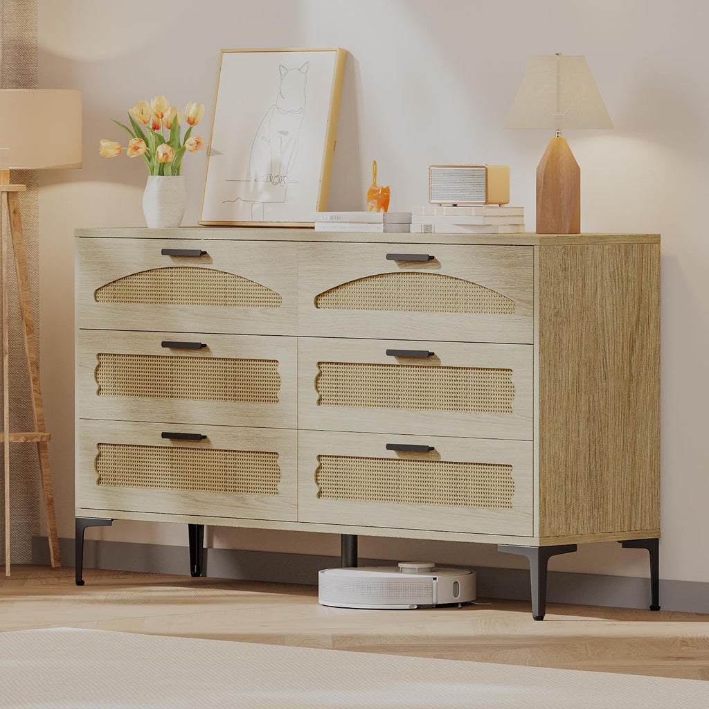 Mericonia 6 Drawer Double Dresser for Bedroom, Wood Rattan Dresser for Closet with Metal Legs, Boho TV Stand with Drawers, Dressers & Chests of Drawers for Bedroom, Hallway and Entryway, Oak