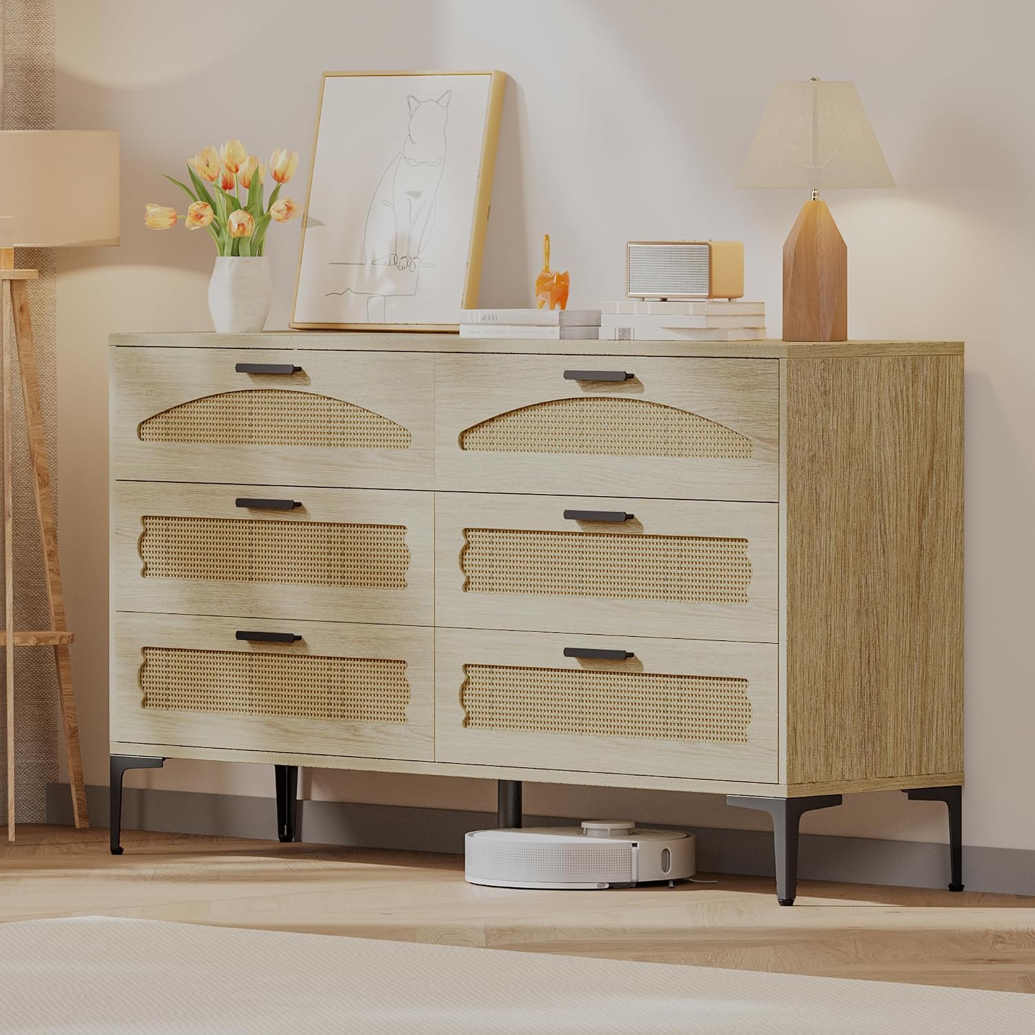 Mericonia 6 Drawer Double Dresser for Bedroom, Wood Rattan Dresser for Closet with Metal Legs, Boho TV Stand with Drawers, Dressers & Chests of Drawers for Bedroom, Hallway and Entryway, Oak