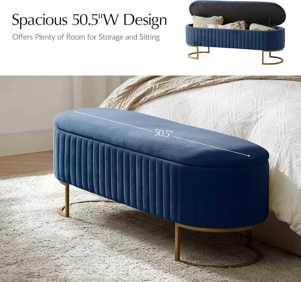 EcoHarbor Living 50.5' Velvet Bedroom Storage Bench Ottoman, Upholstered End of Bed Bench with Gold Legs, Flipping Lid Entryway Footrest Seat, Navy