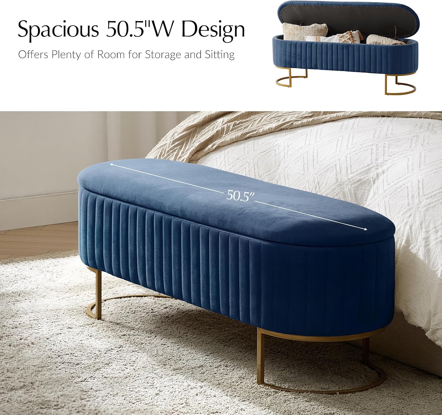 EcoHarbor Living 50.5' Velvet Bedroom Storage Bench Ottoman, Upholstered End of Bed Bench with Gold Legs, Flipping Lid Entryway Footrest Seat, Navy