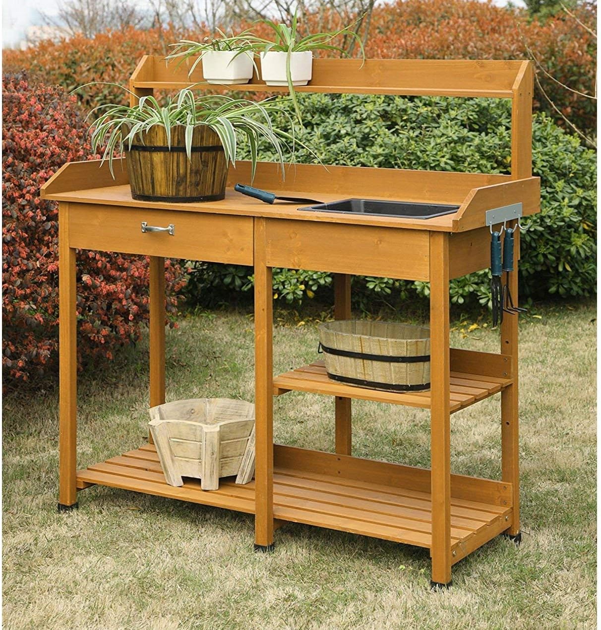 StarSun Depot Outdoor Garden Wood Potting Bench Work Table with Sink in Light Oak Finish