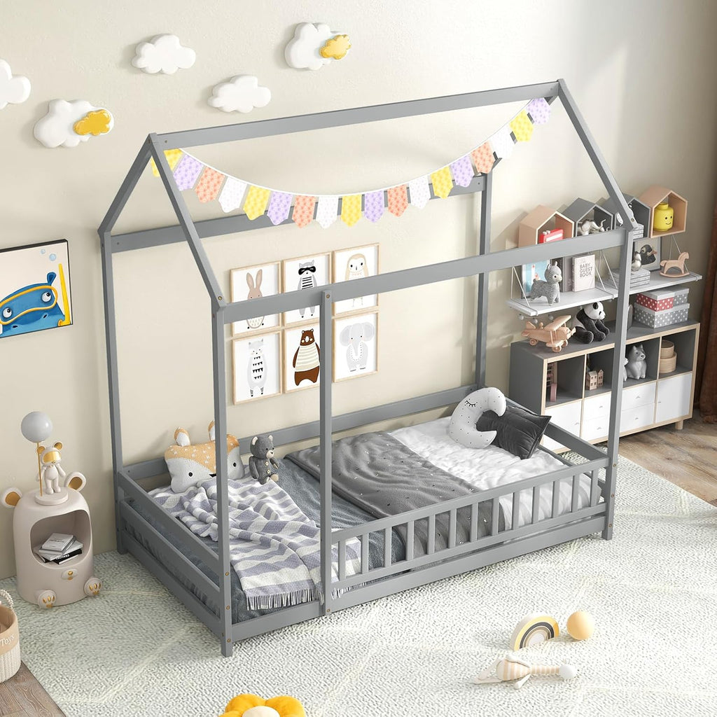 KOMFOTT Twin Size Floor House Bed, Wooden Montessori Bed with Roof & Full-Length Safety Guardrail, Floor Playhouse Bed Frame for Kids, Girls, Boys (Grey)