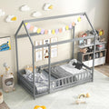 KOMFOTT Twin Size Floor House Bed, Wooden Montessori Bed with Roof & Full-Length Safety Guardrail, Floor Playhouse Bed Frame for Kids, Girls, Boys (Grey)