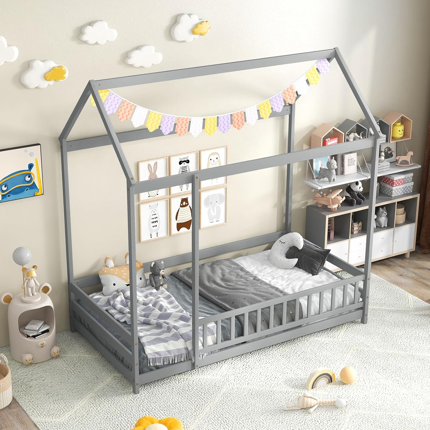KOMFOTT Twin Size Floor House Bed, Wooden Montessori Bed with Roof & Full-Length Safety Guardrail, Floor Playhouse Bed Frame for Kids, Girls, Boys (Grey)