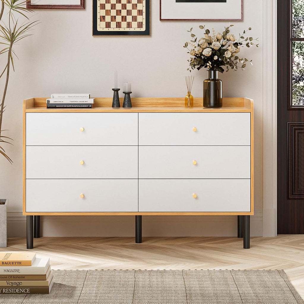 LYNSOM Dresser for Bedroom, 6 Drawer Natural Wood Dresser with Wide Drawer and Metal Handles, Modern Dressers & Chests of Drawers for Hallway Entryway