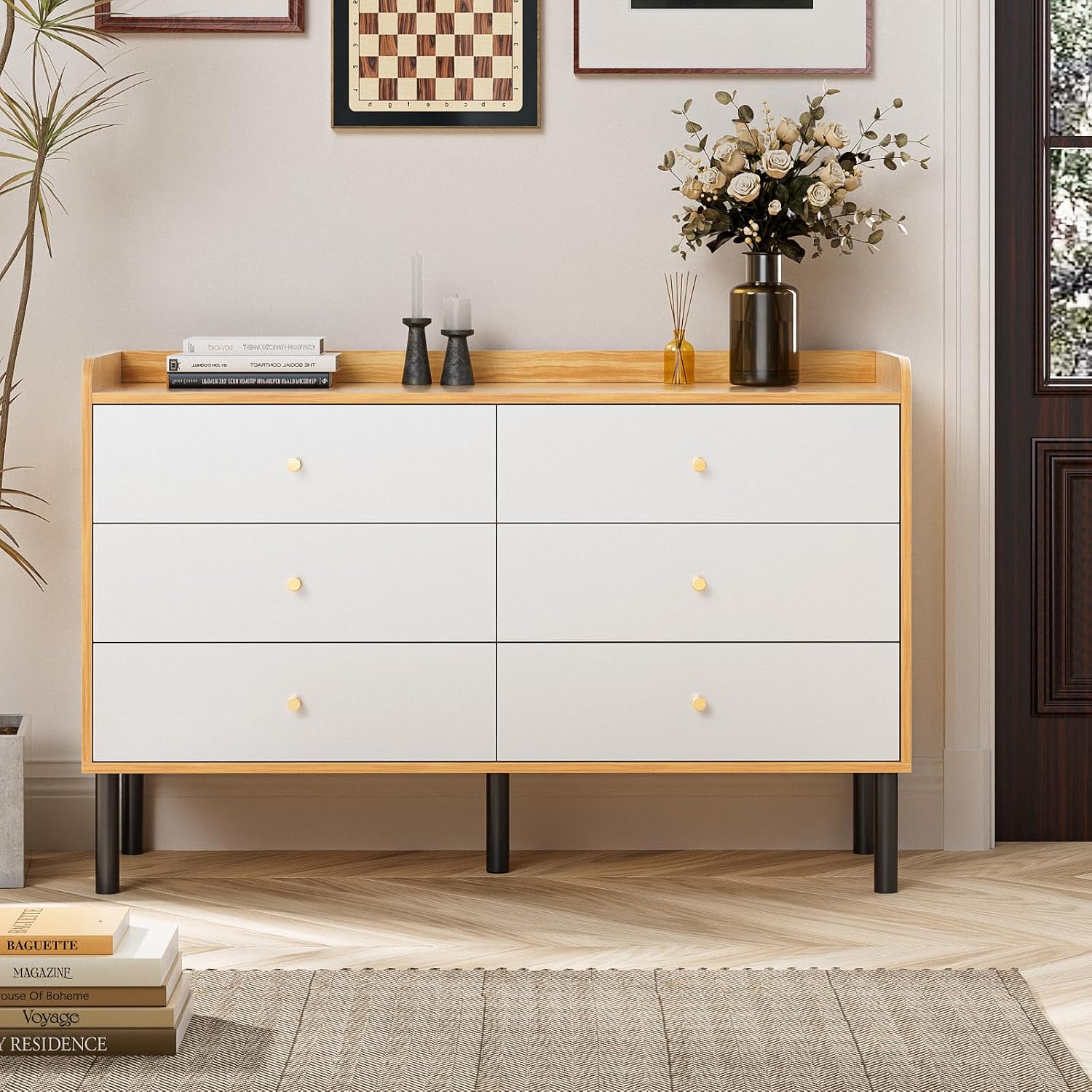 LYNSOM Dresser for Bedroom, 6 Drawer Natural Wood Dresser with Wide Drawer and Metal Handles, Modern Dressers & Chests of Drawers for Hallway Entryway