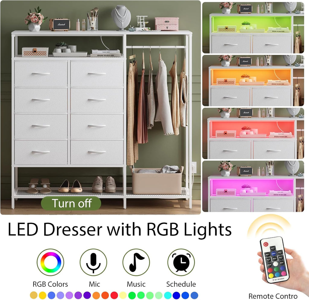 White Dresser for Bedroom with 8 Drawers, Bedroom Dressers with Hanging Rack, Clothes Storage Cabinet with Led Lights & Charging Station, 47 Inch Chest of Drawers with Shelves for Bedroom, Closet