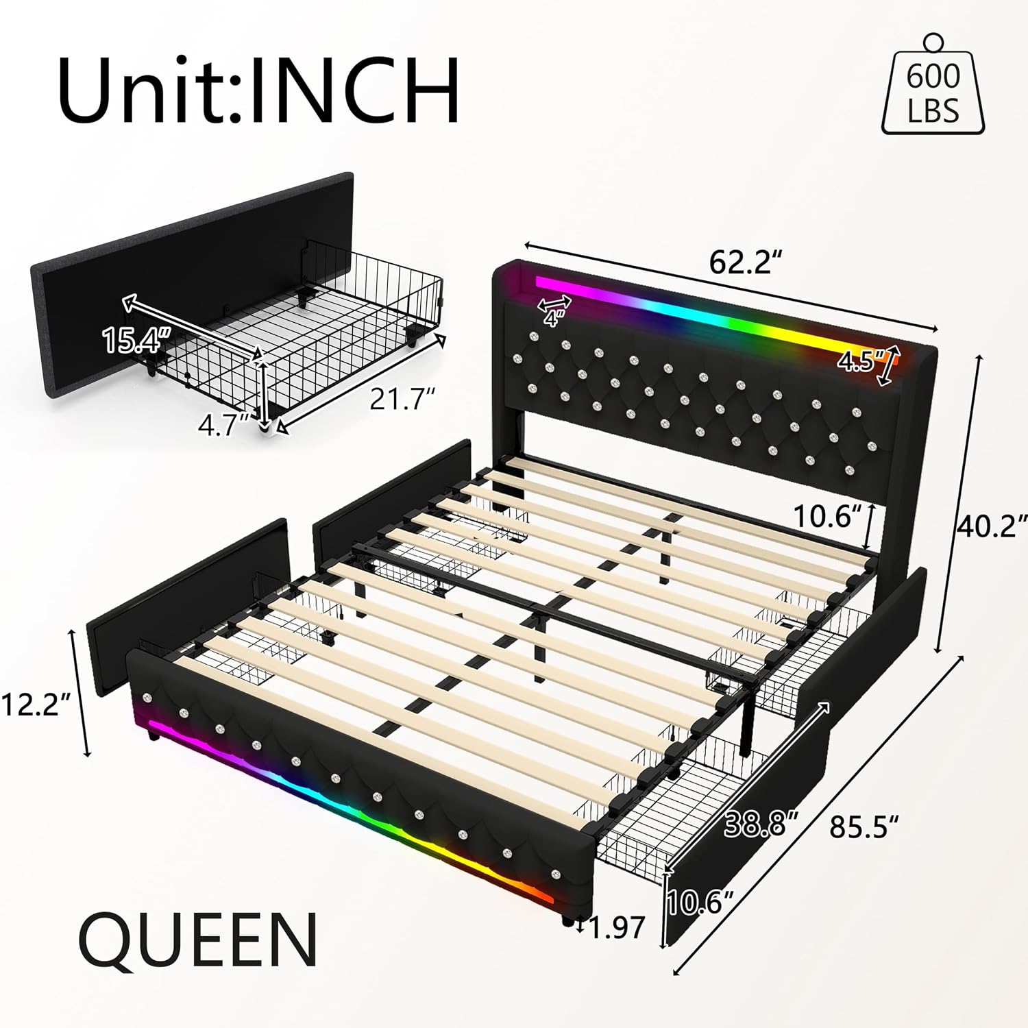 Juego 5-in-1 LED Queen Upholstered Platform Bed Frame with Bluetooth Speakers,Velvet Bed with Headboard,USB & Type-C Charging Station,4 Drawers Storage and Wooden Slats Support,Noise Free,Black