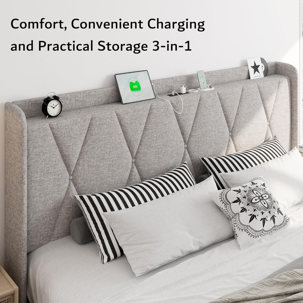 iPormis King Size Bed Frame with 4 Storage Drawers, Upholstered Platform Bed Frame with Charging Station, Modern Wingback Storage Headboard, Easy Assembly, Light Grey