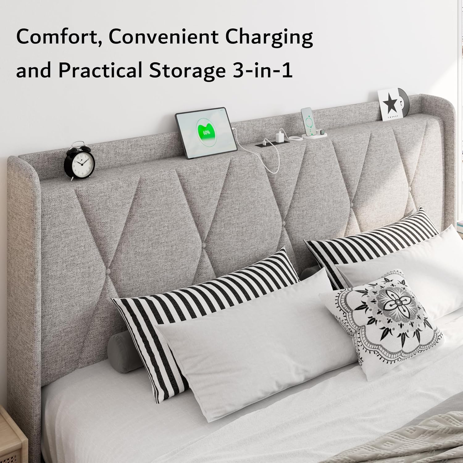 iPormis King Size Bed Frame with 4 Storage Drawers, Upholstered Platform Bed Frame with Charging Station, Modern Wingback Storage Headboard, Easy Assembly, Light Grey