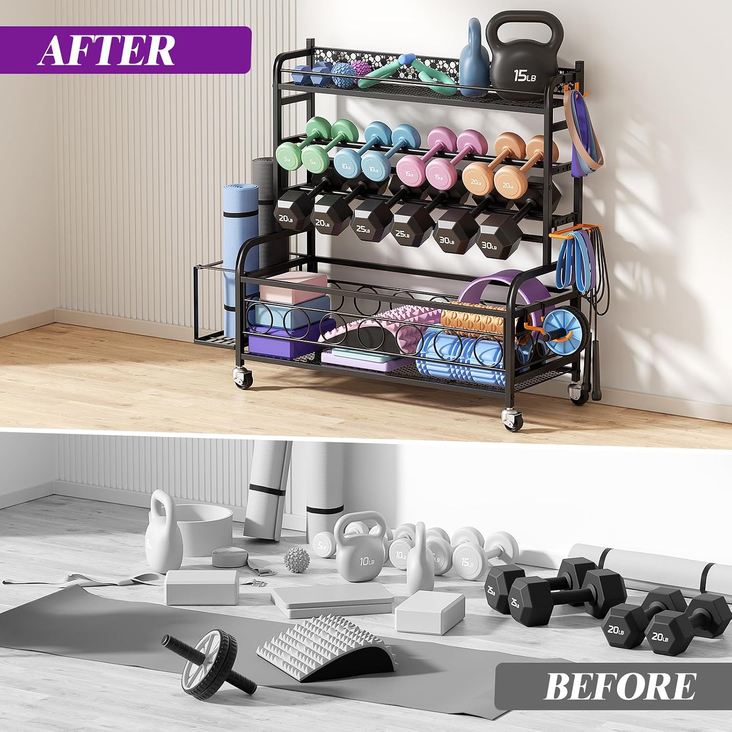 Dumbbell Rack, VOPEAK Adjustable Weight Rack for Home Gym, Home Gym Storage Rack for Yoga Mat Kettlebells and Strength Training Equipment, Weight Storage Rack for Dumbbells with Wheels