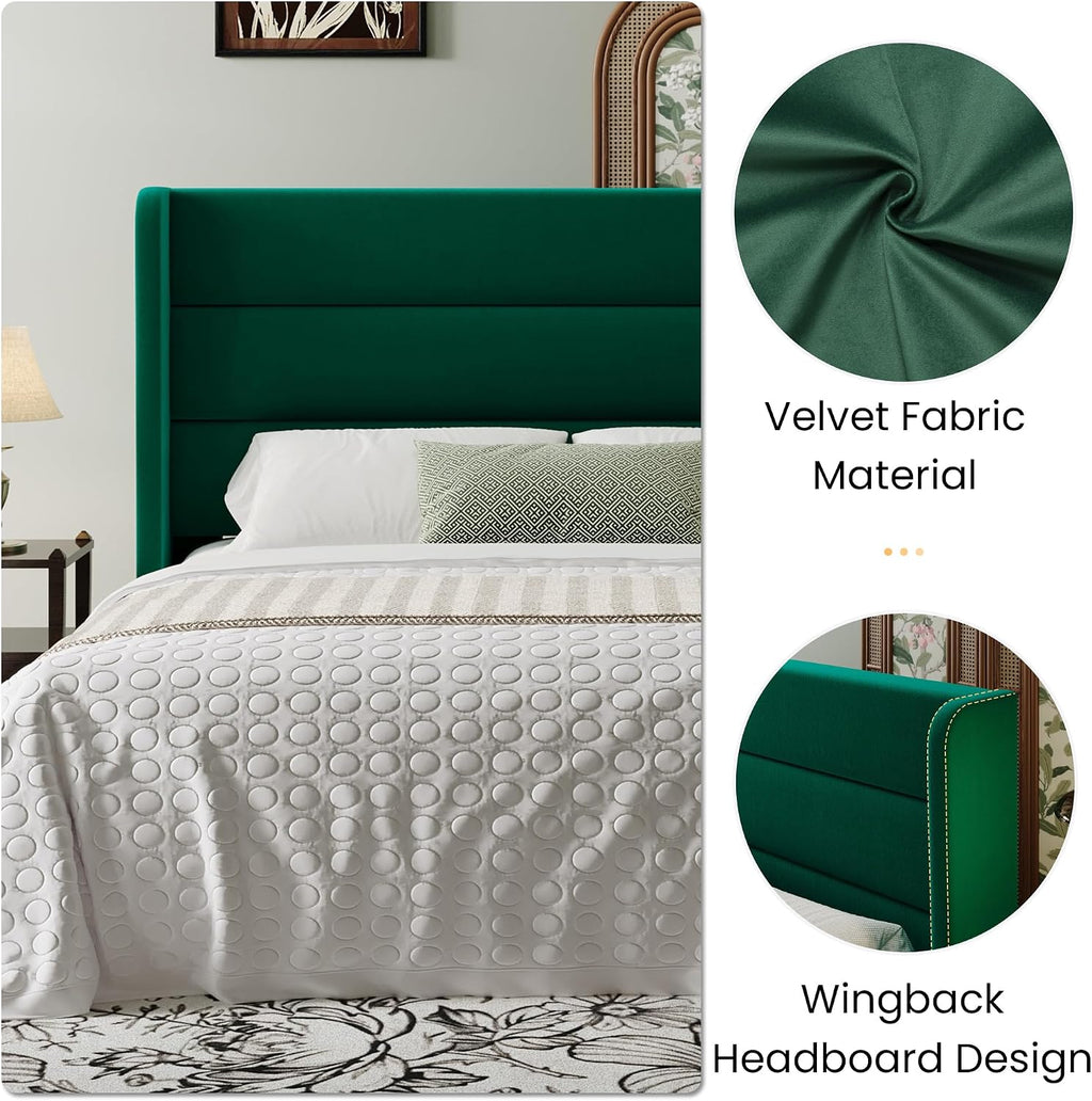 SHA CERLIN Full Size Velvet Bed Frame with Wingback Headboard/Upholstered Platform Bed with Wooden Slats/Mattress Foundation/No Box Spring Needed/Easy Assembly/Green