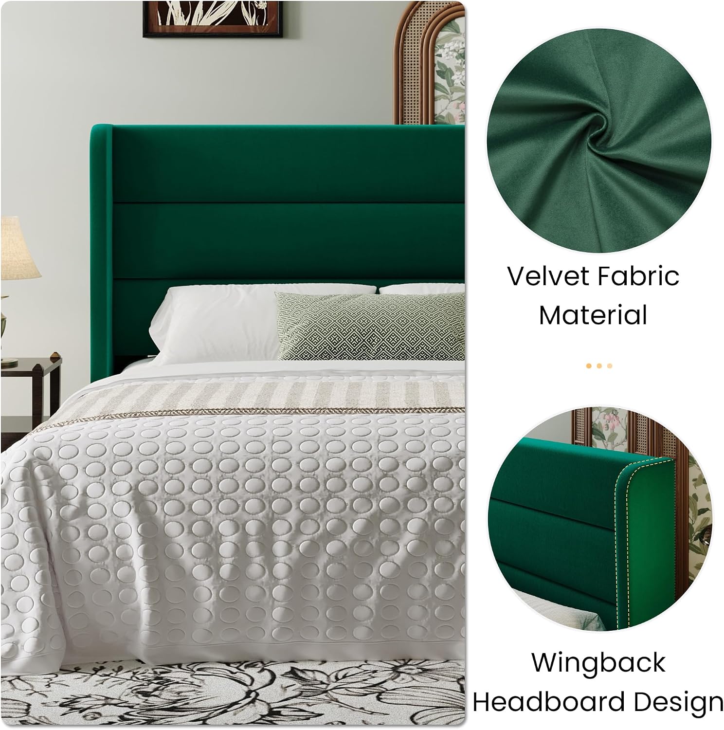 SHA CERLIN Full Size Velvet Bed Frame with Wingback Headboard/Upholstered Platform Bed with Wooden Slats/Mattress Foundation/No Box Spring Needed/Easy Assembly/Green