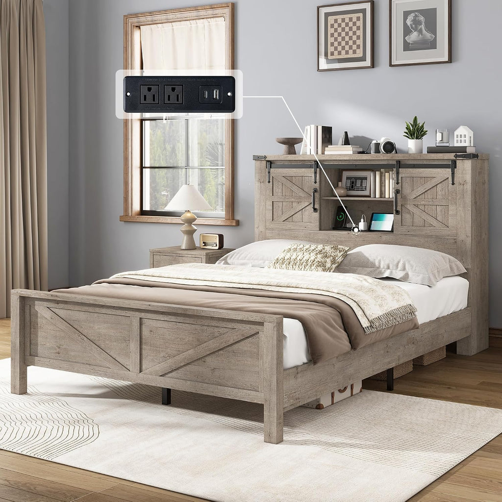 AMERLIFE 4 Pieces Farmhouse Bedroom Set, Includes Full Size Bookcase Headboard Bed Frame, 5 Drawer Tall Dresser, 47'' Dresser with 4 Drawers, 60' Dresser with 4 Drawers, Light Rustic Oak